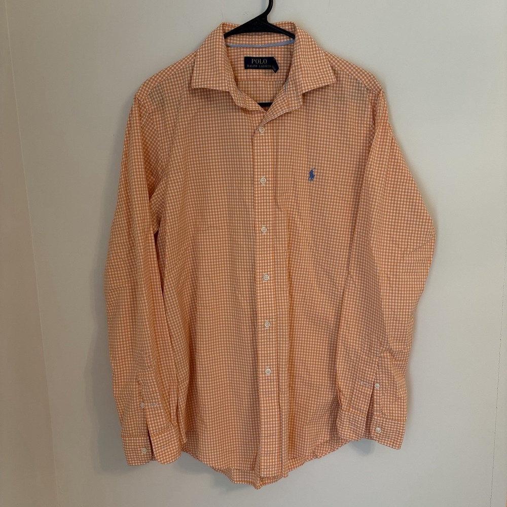 Polo Ralph Lauren Button Down Shirt Orange White Gingham Check Mens Medium